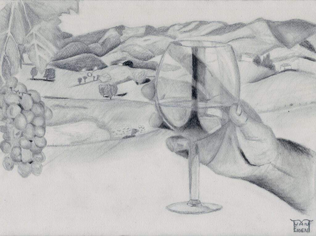 Tekening van een hand met een wijnglas