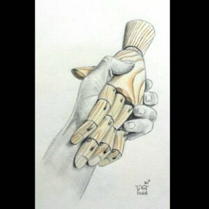 Hand gives a wooden hand a hand